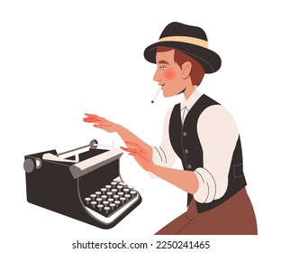 Hombre escritor en sombrero con cigarrillo en máquina de escribir en proceso de escritura creando ilustración de vectores de trama