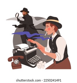 Man Writer in Hat with Cigarette at Typewriter Engaged in Writing Process Creating Plot Vector Illustration