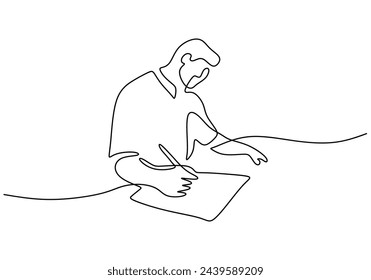 Man writer writing on paper in one continuous line drawing style.