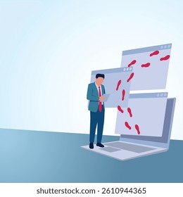 A man writes in a book and there is a web view with footprints. A metaphorical illustration for digital footprints, browser history and tracking.