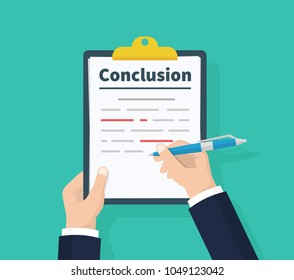 Man writes conclusion, report concept. Holding the clipboard and pen in hand. Paperwork, sheets in folder. Vector illustration flat design. Isolated on green background