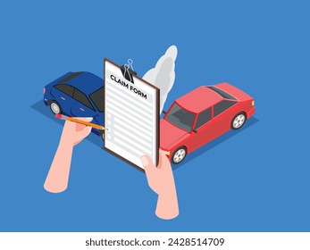 Man writes form on background crash car. Transport incident 3d isometric vector illustration