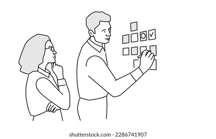 Man writes ideas on sticky note on wall. Woman thinking. Hand drawn vector illustration.