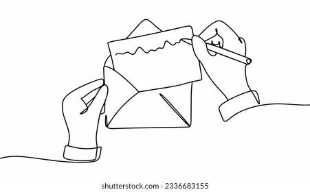 Man writes a letter by hand. World Letter Writing Day. One line drawing for different uses. Vector illustration.