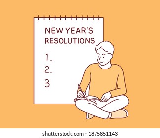 A man writes a list of goals for 2021 in a white notebook. Hand drawn style vector design illustrations.