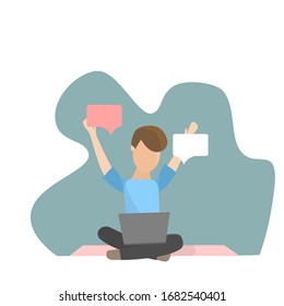 The man writes messages. Joyful freelancer