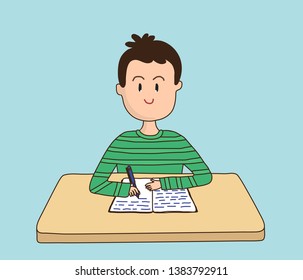 A man writes in a notebook while sitting at a table. Vector illustration.
