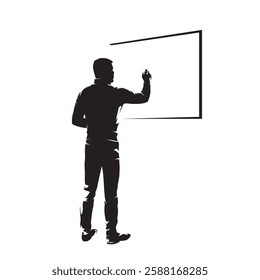 Man writes on blackboard. Education, presentations. Teacher or lecturer explains. Isolated vector illustration, high contrast silhouette