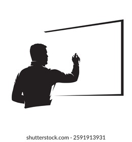 Man writes on blackboard. Education, presentations. Teacher or lecturer explains. Isolated vector illustration, high contrast silhouette