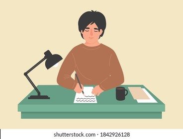 Man writes on the paper at desk. Writer, or student at table. 