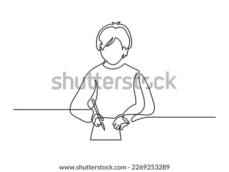 Man writes on the paper. Writer, or student at work. Continuous line drawing.