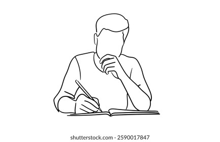 Man writes with a pen, continuous line drawing. Education, hobby, library. Vector illustration isolated on white background