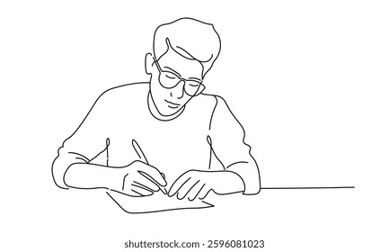 Man writes with a pen, continuous line drawing. Education, hobby, library. Vector illustration isolated on white background