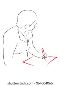 A Man writes a pen on a sheet, Woman lost in thought, looking away, handle records in a notebook. Pencil drawing on a woman looks thoughtfully and takes notes.
