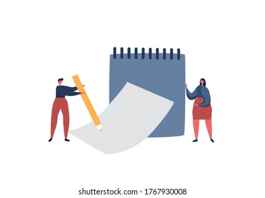 Man writes with a pencil on a sheet of paper. Teamwork. Study and education concept. Flat vector illustration.