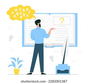 Man writes poems. Character stands in front of open book. Young guy with pen and ink writes story. Talented and hardworking writer. Poetry or poem. Cartoon flat vector illustration