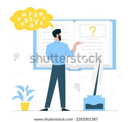 Man writes poems. Character stands in front of open book. Young guy with pen and ink writes story. Talented and hardworking writer. Poetry or poem. Cartoon flat vector illustration