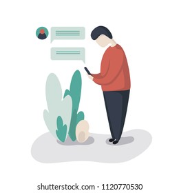 a man writes and reads a message. Man with phone in hands. use for postcards, cards, wedding, wallpapers, textiles, scrapbooking, decoration, invitations, background, holiday.