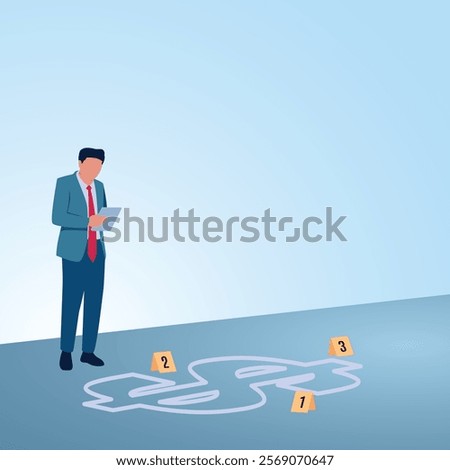 A man writes a report about the money trail at the crime scene. Illustration for corruption investigation, bribery investigation and looking for traces of misappropriation of funds.