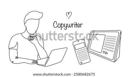 A man writes texts, articles and posts for publication on social networks. These can be advertising texts for goods or services, or simply review articles on any topic. Copywriter's work.
