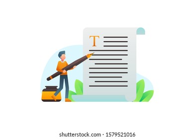 A Man Writes Using A Pen On A Piece Of Paper. Writer Vector. Book Author Illustration Background Element