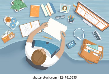 Man writes at the wooden table. Workplace Desktop Workspace Chair, office supplies, monitor, books, notebook, headphones, phone, purse, pen, paper, tea, donuts, bag. Vector Top view 