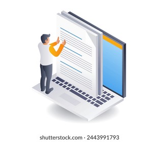 Man writing a blog content article, flat isometric 3d illustration