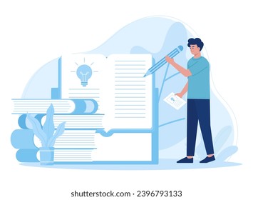 man is writing in a book trending concept flat illustration