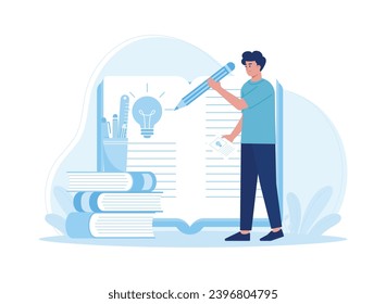 man is writing in a book trending concept flat illustration