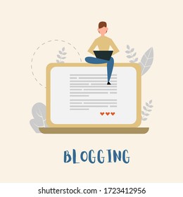 Man writing a content for his blog, Blogging vector illustration for social media in modern, flat style 