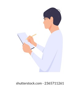 Man is writing a contract form, making a list. Male character holds a white piece of paper in his hand and a pencil or pen. Hand drawn vector illustration. 