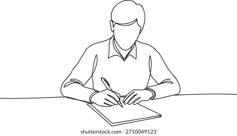 Man writing at desk continuous line drawing with transparent background paper