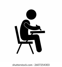 A man writing at desk. A man sitting on the desk and writing. Simple, single person. Taking examination. Writing. Sedentary job. Black pictograph. Flat style. Drawing. Simple glyph, flat illustration.