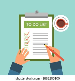 Man writing to do list for monthly or annual plan. Hand holding pencil with document and coffee in flat design. Life planning or schedule.