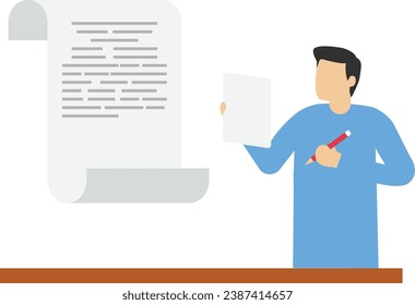 the man is writing down important information on paper, Vector illustration flat blue background

