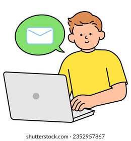 Man writing an email, Internet of thing. Simple vector illustration.