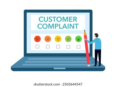 Man writing feedback and opinion on laptop computer screen customer complaint page. Review from client. Consumer made complaint for service.