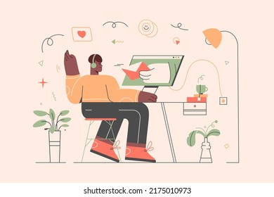 Man writing letter illustration. Guy sitting at desk, typing message on computer and sending 