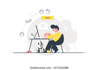 Man writing letter vector illustration. Guy sitting at desk, typing message on computer and sending it to addressee via e-mail internet application flat style design. Online communication concept