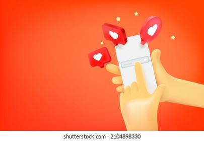 Man writing a message in social media via mobile phone. 3d vector banner with copy space