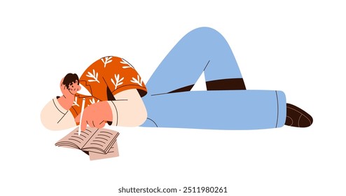 Man writing in notebook. Creative inspired person taking notes in paper journal. Happy guy lying on floor with pen and notepad for records, ideas. Flat vector illustration isolated on white background