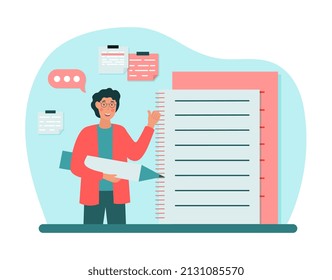 Man writing notes. Young guy with glasses holding pencil next to tablet. Notes and planning, time management and goal setting. Student, learning and education. Cartoon flat vector illustration