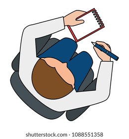 man writing in office notebook with pen