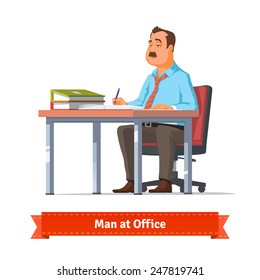 Man writing at the office table. Flat style illustration or icon. EPS 10 vector. 
