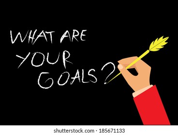man writing on blackboard with the message "What Are Your Goals". concept vector illustration