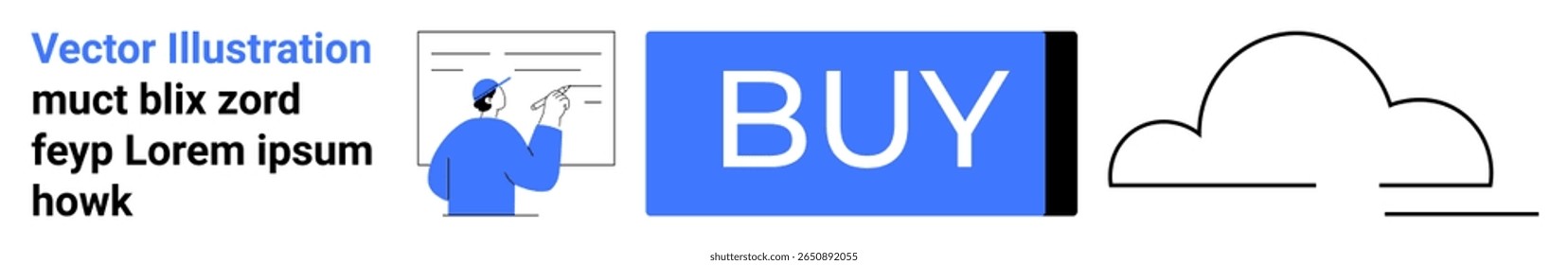 Man writing on board, blue buy button, cloud symbol. Ideal for e-commerce, tech, business presentations, online learning, apps, infographics, and web design. Landing page