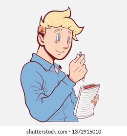 man writing on a book