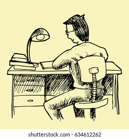 The Man writing on The Desk Hand Drawing Illustration