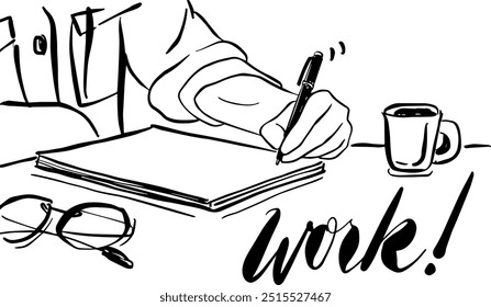 man writing on empty paper with pen on desk with coffee and eye glasses and work text editable vector