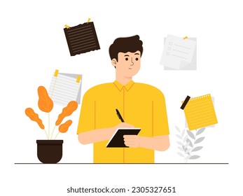 A man is writing on a notebook with a lot of papers around him